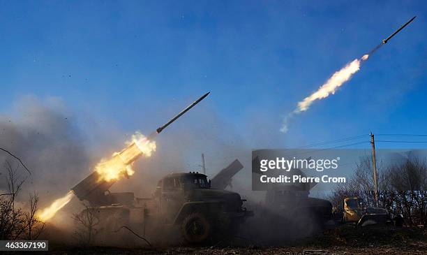 Pro Russian rebels fire grad rockets on Ukrainian positions under orders of Olga Sergeevna, also known as Corsa, on February 13, 2015 in Debaltseve,...