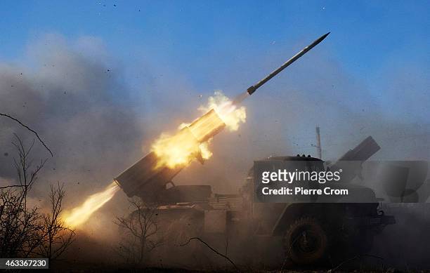 Pro Russian rebels fire grad rockets on Ukrainian positions under orders of Olga Sergeevna, also known as Corsa, on February 13, 2015 in Debaltseve,...