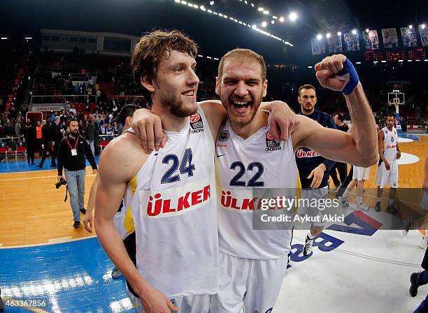 Jan Vesely, #24 of Fenerbahce Ulker Istanbul and Luka Zoric, #22 of Fenerbahce Ulker Istanbul celebrate victory during the Turkish Airlines...