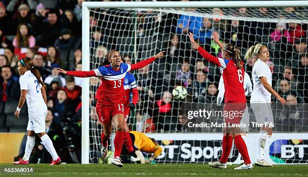 Alex Morgan of the USA celebrates her goal during a Women's International Friendly match between England and the USA at Stadium mk on February 13,...