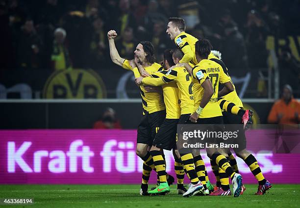 Neven Subotic of Borussia Dortmund celebrates as he heads their first goal during the Bundesliga match between Borussia Dortmund and 1. FSV Mainz 05...