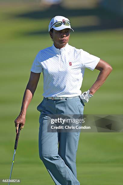 Former Secretary Of State Condoleezza Rice waits to putt on the 6th green during the second round of the AT&T Pebble Beach National Pro-Am at Pebble...