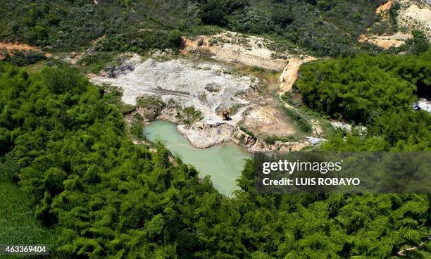 Aerial view of an illegal mining area on the banks of the Cauca river, in the rural area of Santander de Quilichao, department of Cauca, Colombia, on...