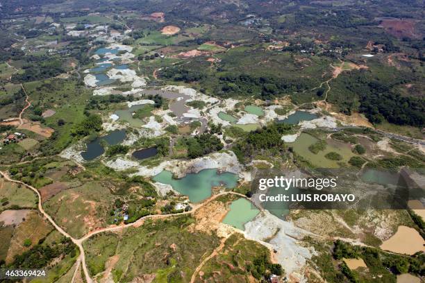 Aerial view of an illegal mining area on the banks of the Cauca river, in the rural area of Santander de Quilichao, department of Cauca, Colombia, on...