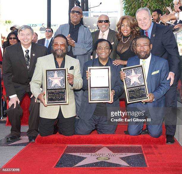 Emcee/President of the Hollywood Chamber of Commerce Leon Gubler, Eddie Holland , Lamont Dozier , Brian Holland , Stevie Wonder, Berry Gordy, Mary...