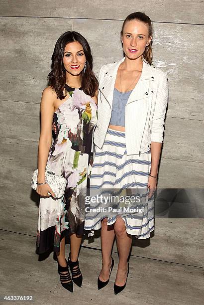 Actress Victoria Justice and model Julie Henderson pose for a photo at the Rebecca Minkoff fashion show during Mercedes-Benz Fashion Week Fall 2015...