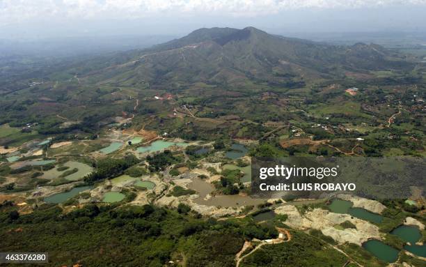 Aerial view of an illegal mining area on the banks of the Cauca river, in the rural area of Santander de Quilichao, department of Cauca, Colombia, on...