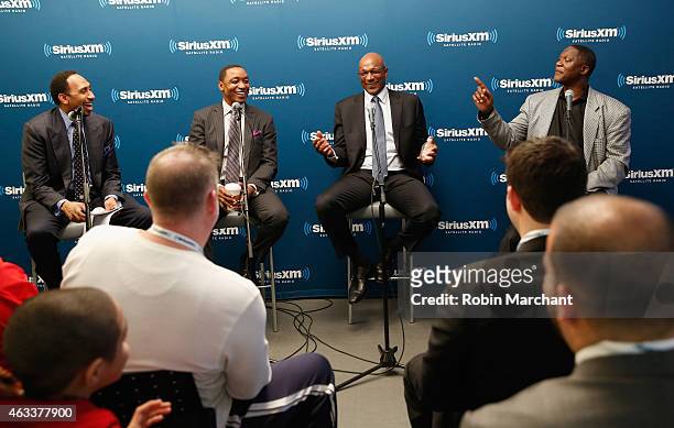 Stephen A. Smith, Isiah Thomas, Clyde Drexler and Dominique Wilkins attend SiriusXM's "Town Hall" With Clyde Drexler, Isiah Thomas, Dominique Wilkins...