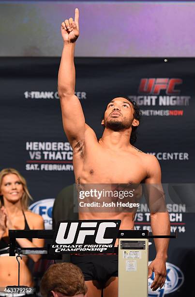 Benson Henderson weighs in during the UFC weigh-in at the 1stBank Center on February 13, 2015 in Broomfield, Colorado.