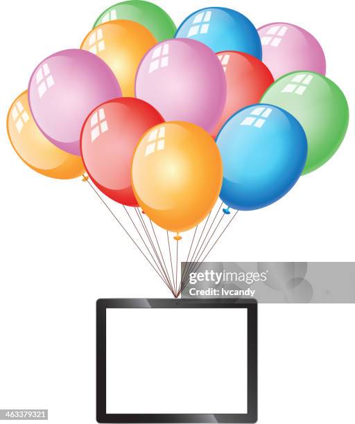 balloons holding a tablet pc - interactive billboard stock illustrations