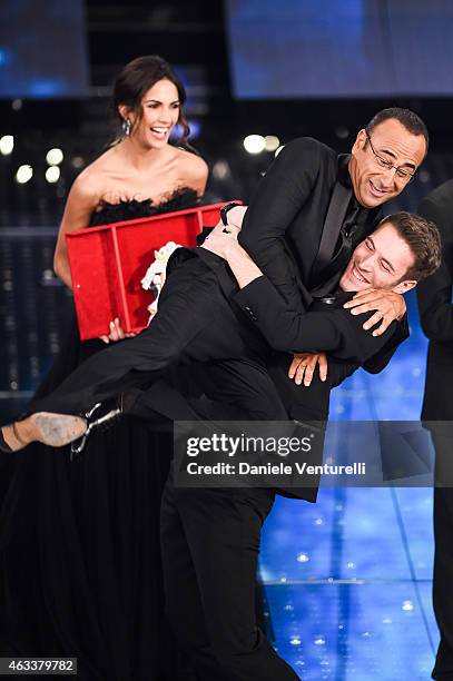 Carlo Conti and Giovanni Caccamo attend the Fourth night of 65th Festival di Sanremo 2015 at Teatro Ariston on on February 13, 2015 in Sanremo, Italy.