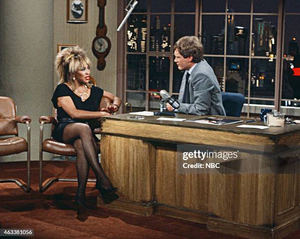 Episode 407 -- Pictured: Musical guest Tina Turner during an interview with host David Letterman on May 31, 1984 --