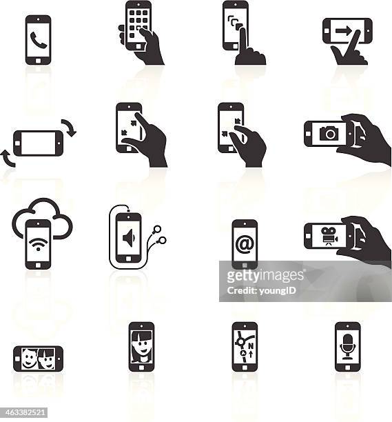 ilustraciones, imágenes clip art, dibujos animados e iconos de stock de teléfono inteligente funciones & iconos de gestos - video voip