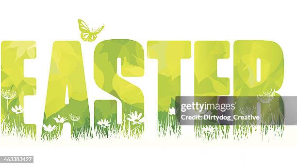 easter concept with fresh green spring leaves and butterfly - happy easter words stock illustrations