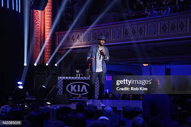 Basketball player LeBron James speaks on stage during the NBA All-Star All-Style presented by Samsung Galaxy, the first-ever NBA fashion show...