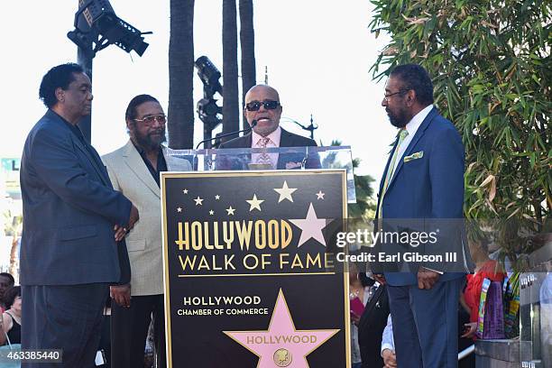 Songwriter Lamont Dozier, Songwriter Eddie Holland, Singer/Songwriter Stevie Wonder and Songwriter Brian Holland speak on stage at the Holland Dozier...