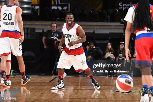 Kevin Hart smiles during the Sprint NBA All-Star Celebrity Game as part of 2015 All-Star Weekend at Madison Square Garden on February 13, 2015 in New...