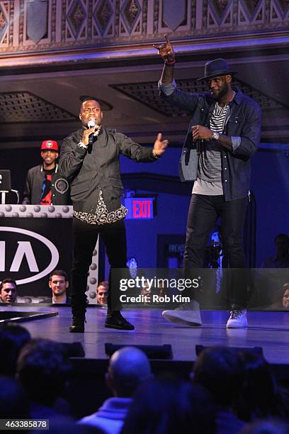 Actor Kevin Hart and basketball player LeBron James speak on stage during the NBA All-Star All-Style presented by Samsung Galaxy, the first-ever NBA...