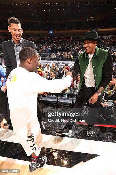 Kevin Hart of the East Team talks to Carmelo Anthony of the New York Knicks before the Sprint NBA All-Star Celebrity Game as part of 2015 All-Star...