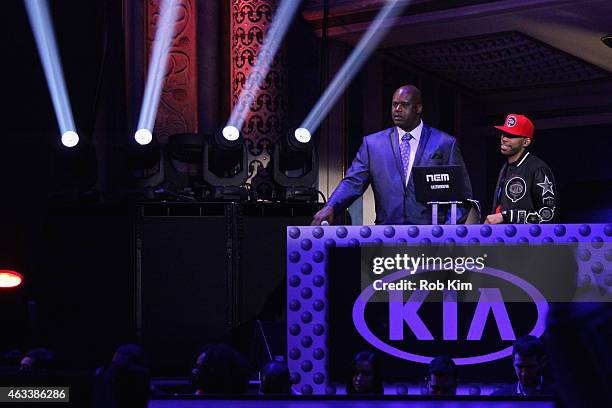 Personality, former basketball player Shaquille O'Neal and DJ Nem are seen on stage during the NBA All-Star All-Style presented by Samsung Galaxy,...