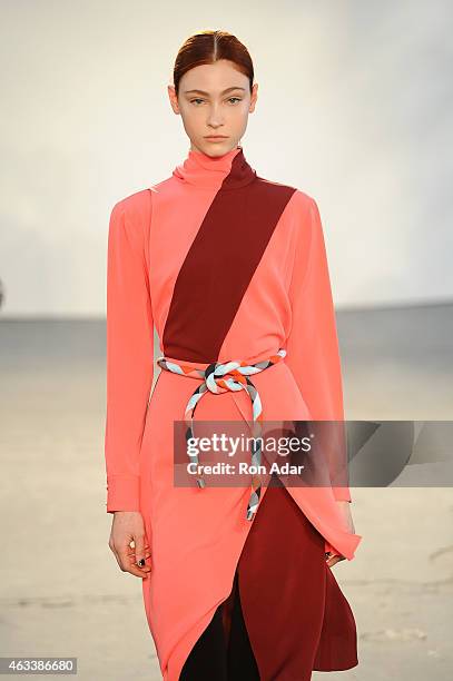 Model walks the runway at the Tanya Taylor show during Mercedes-Benz Fashion Week Fall 2015 at Industria Studios on February 13, 2015 in New York...