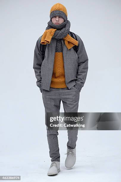 Model walks the runway at the N.Hoolywood Autumn Winter 2015 fashion show during New York Fashion Week on February 13, 2015 in New York, United...