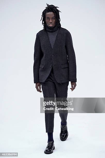 Model walks the runway at the N.Hoolywood Autumn Winter 2015 fashion show during New York Fashion Week on February 13, 2015 in New York, United...
