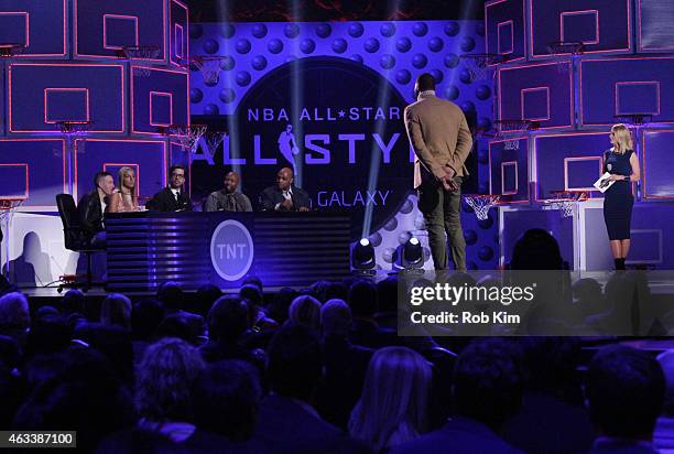 Judges John Elliott, Elena Delle Donne, Will Welch, Kenny Smith and Charles Barkley speak on stage with competitor DeMarcus Cousins during the NBA...