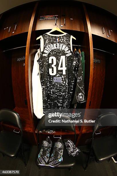 Jersey for Giannis Antetokounmpo of the World Team prior to playing a game against the U.S. Team during the BBVA Compass Rising Stars Challenge as...