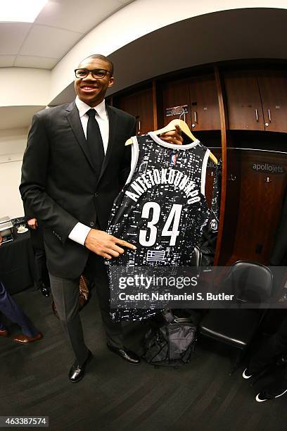 Giannis Antetokounmpo of the World Team prior to playing a game against the U.S. Team during the BBVA Compass Rising Stars Challenge as part of 2015...