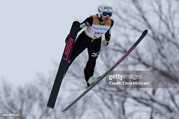 Sara Takanashi of Japan competes in the Normal Hill Indivudual 1st round during the FIS Women's Ski Jumping World Cup Zao at Zao Jump Stadium on...