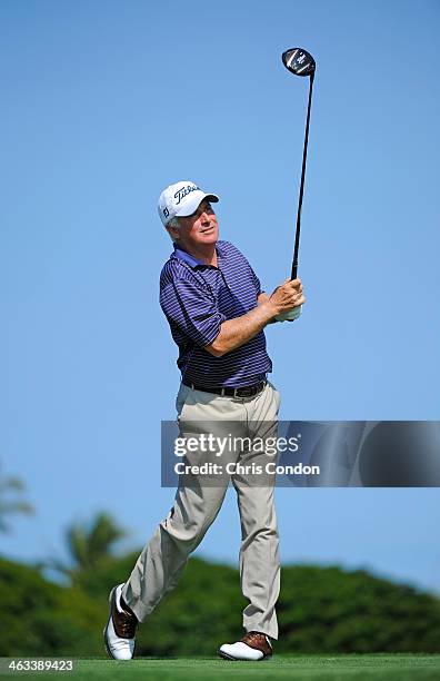 Curtis Strange plays from the second tee during the first round of the Mitsubishi Electric Championship at Hualalai Golf Club on January 17, 2014 in...