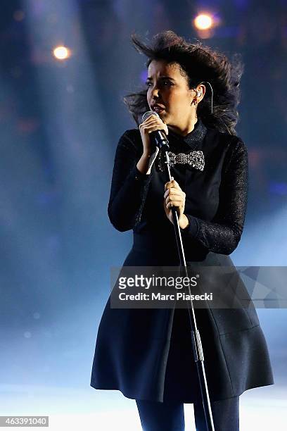 Adila Sedraia aka Indila performs during the 30th 'Victoires de la Musique' French Music Awards Ceremony at le Zenith on February 13, 2015 in Paris,...