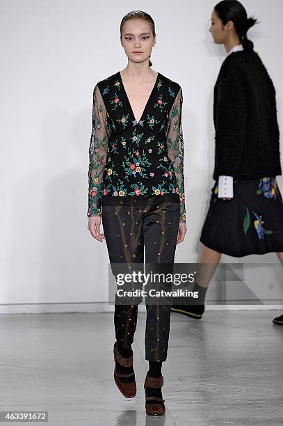 Model walks the runway at the Suno Autumn Winter 2015 fashion show during New York Fashion Week on February 13, 2015 in New York, United States.