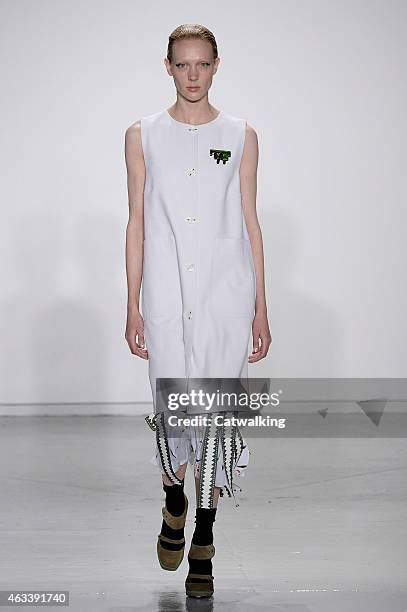 Model walks the runway at the Suno Autumn Winter 2015 fashion show during New York Fashion Week on February 13, 2015 in New York, United States.