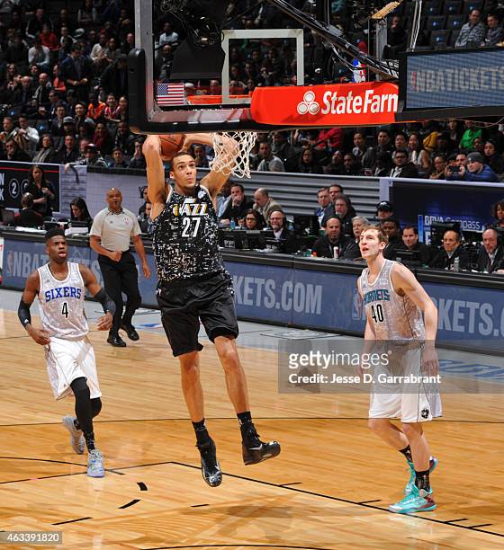 Rudy Gobert of the Utah Jazz dunks the ball during the 2015 NBA All-Star Rookie Rising Stars Challenge at Barclays Center on February 13, 2015 in New...