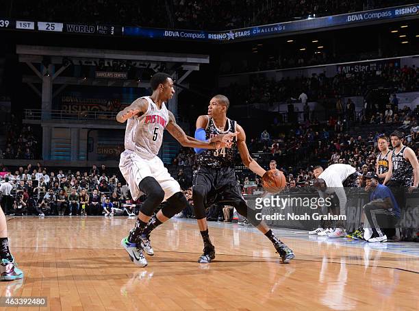 Giannis Antetokounmpo of the World team drives against Kentavious Caldwell-Pope of the USA team in the 2015 BBVA Rising Stars Challenge on February...