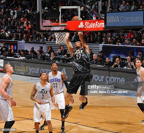 Rudy Gobert of the Utah Jazz goes up for the dunk at Barclays Center on February 13, 2015 in New York,New York NOTE TO USER: User expressly...