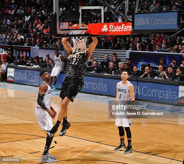Rudy Gobert of the Utah Jazz goes up for the dunk at Barclays Center on February 13, 2015 in New York,New York NOTE TO USER: User expressly...