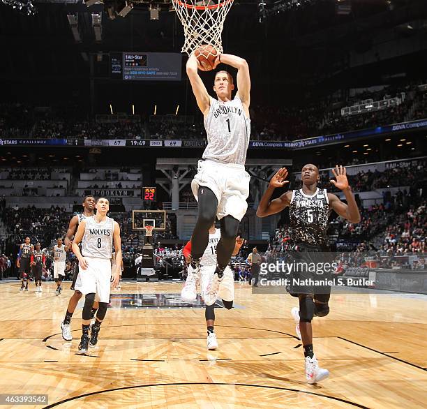Mason Plumlee of the U.S. Team goes up to dunk during a game against the World Team during the BBVA Compass Rising Stars Challenge as part of 2015...
