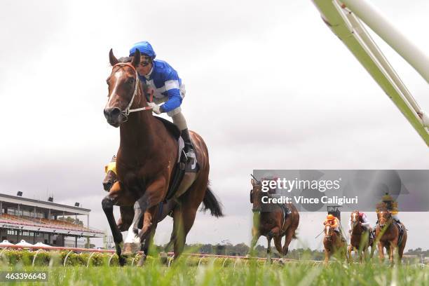 Glen Boss riding Nostradamus winning Race 1, the Nursery Plate during Melbourne racing at Flemington Racecourse on January 18, 2014 in Melbourne,...