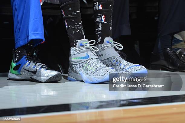 Nerlens Noel Philadelphia 76ers and the United States team showcases his sneakers during 2015 NBA All-Star Rookie Rising Stars Challenge the at...