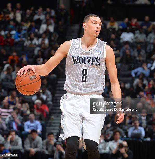Zach Lavine Minnesota Timberwolves dribbles up the court during the 2015 NBA All-Star Rookie Rising Stars Challenge at Barclays Center on February...
