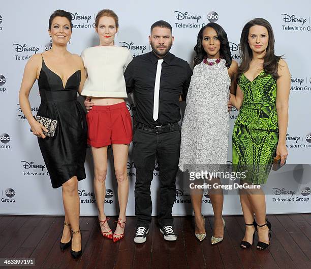 Actors Bellamy Young, Darby Stanchfield, Guillermo Diaz, Kerry Washington and Katie Lowes of "Scandal" arrive at the ABC/Disney TCA Winter Press Tour...