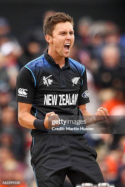 Trent Boult of New Zealand celebrates the wicket of Kumar Sangakkara of Sri Lanka during the 2015 ICC Cricket World Cup match between Sri Lanka and...