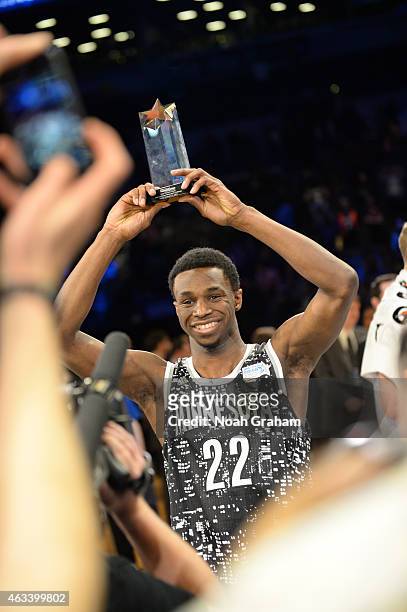 Andrew Wiggins of the World team is named MVP in the 2015 BBVA Compass Rising Stars Challenge on February 13, 2015 at Barclays Center in Brooklyn,...