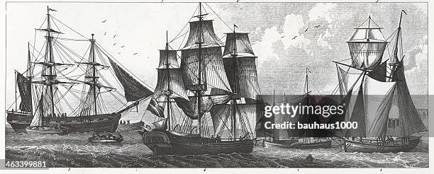 gravieren: segeln schiffe - holländische kultur stock-grafiken, -clipart, -cartoons und -symbole