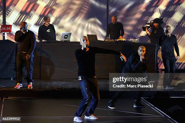 Akhenaton, Shurik'n, Kheops, Imhotep, Kephren from IAM perform during the 30th 'Victoires de la Musique' French Music Awards Ceremony at le Zenith on...