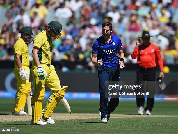 Chris Woakes of England celebrates after taking the wicket of Steve Smith of Australia during the 2015 ICC Cricket World Cup match between England...