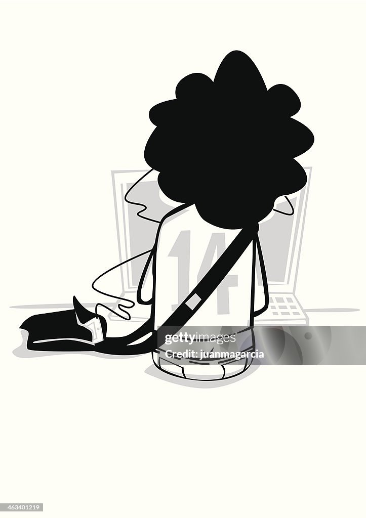 Man sitting on his back with afro hair and browsing.